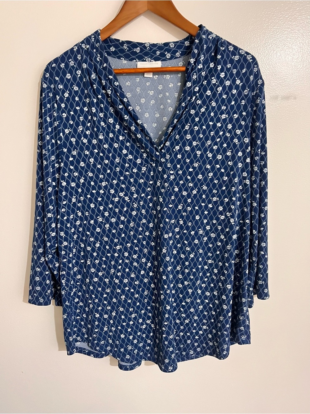 Charter Club Women XL Navy Blue White Lattice Floral Split V-Neck Blouse Top